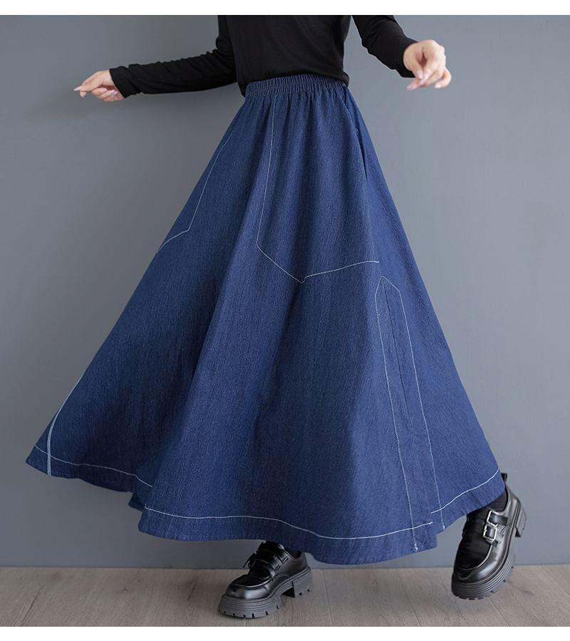 Elastic Waist Contrast Stitched Slit Denim Maxi A-Line Skirt Product Image