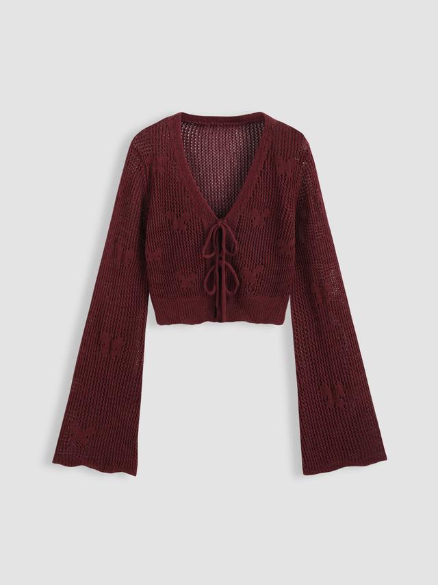 Solid Hollow Out Knit Knotted Cardigan Product Image