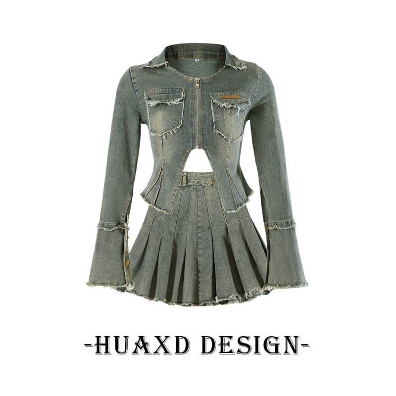 Long-Sleeve Zip-Up Denim Top / Mini Pleated Skirt / Set Product Image