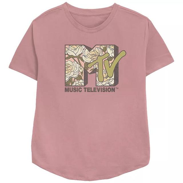 Womens MTV Flower And Leaf Pattern Logo Relaxed Fit Graphic Tee, Girls Pink Product Image