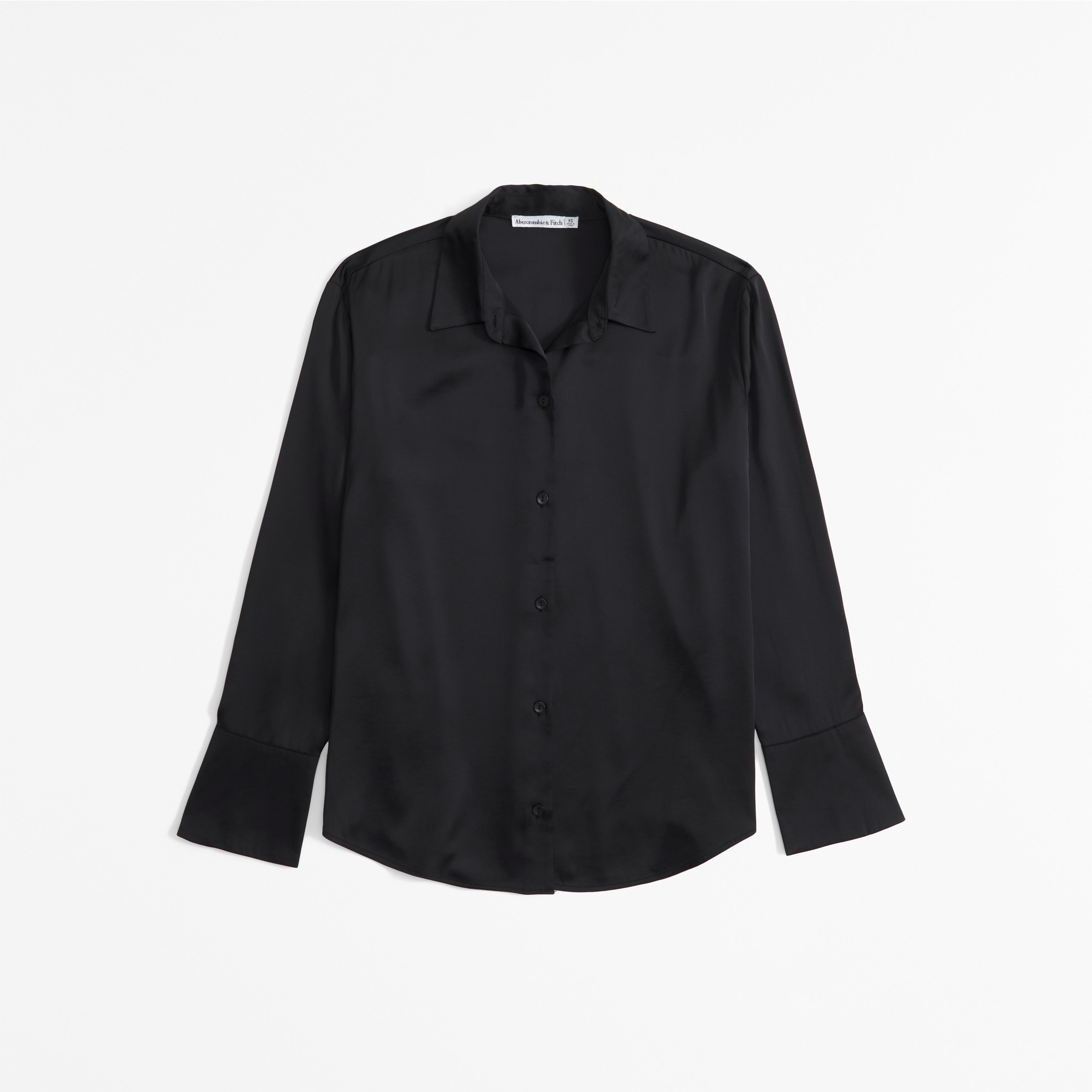 Long-Sleeve Satin Button-Up Shirt Product Image