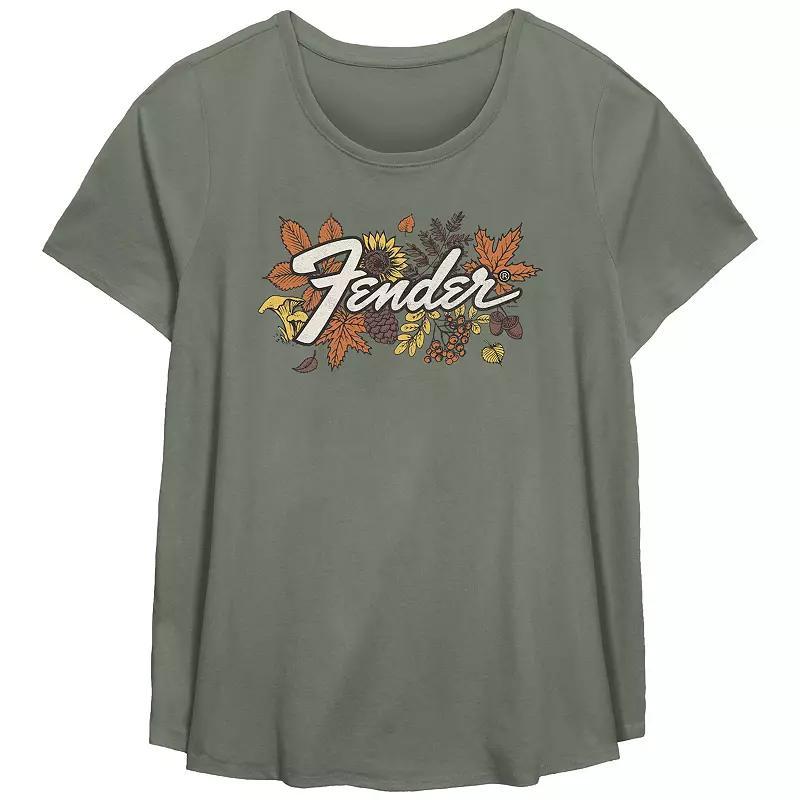 Juniors Plus Size Fender Autumn Leaves Logo Scoop Hem Flowy Graphic Tee, Womens Green Product Image