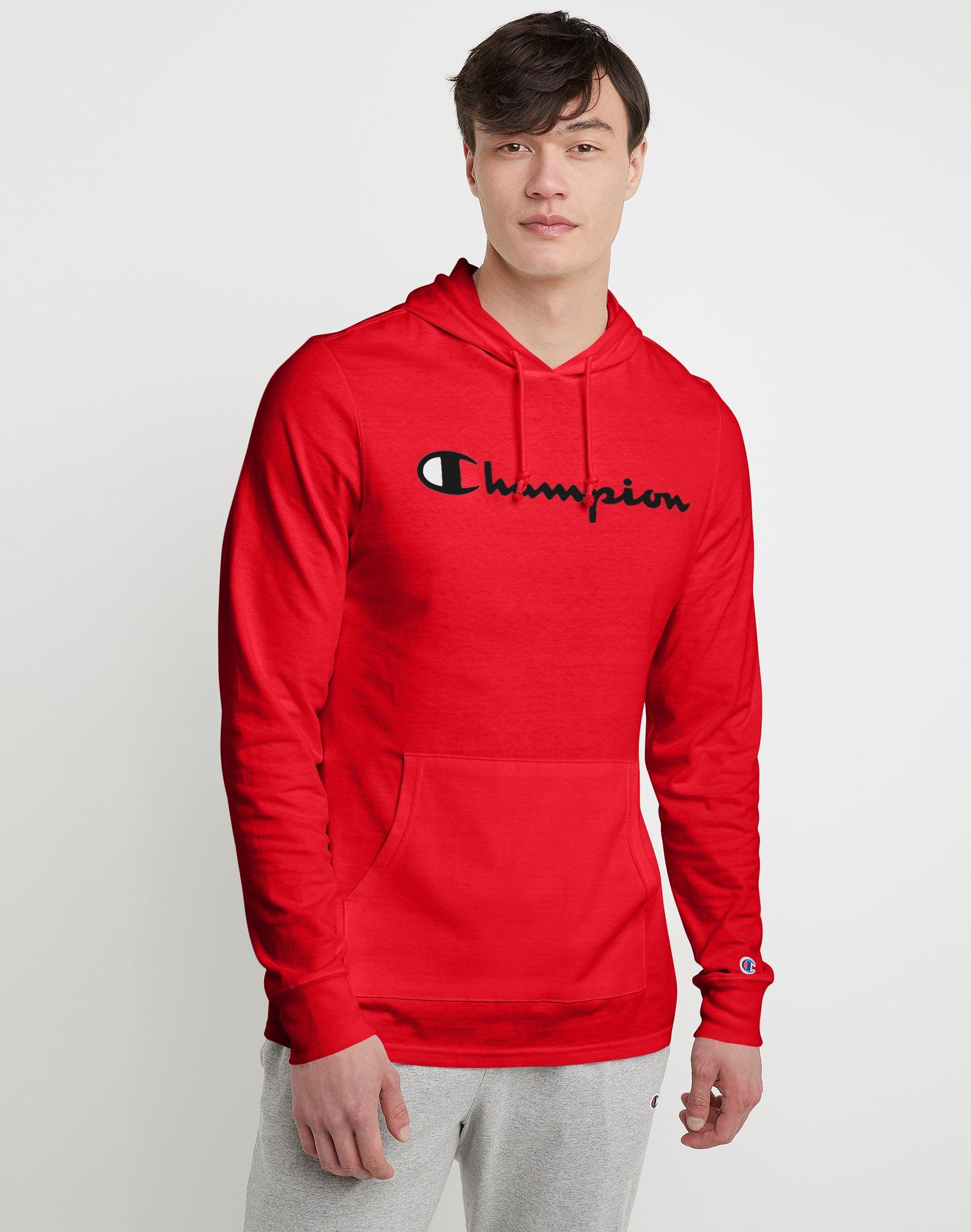 Mens Champion T-Shirt Hoodie, Script Logo Scarlet S Product Image