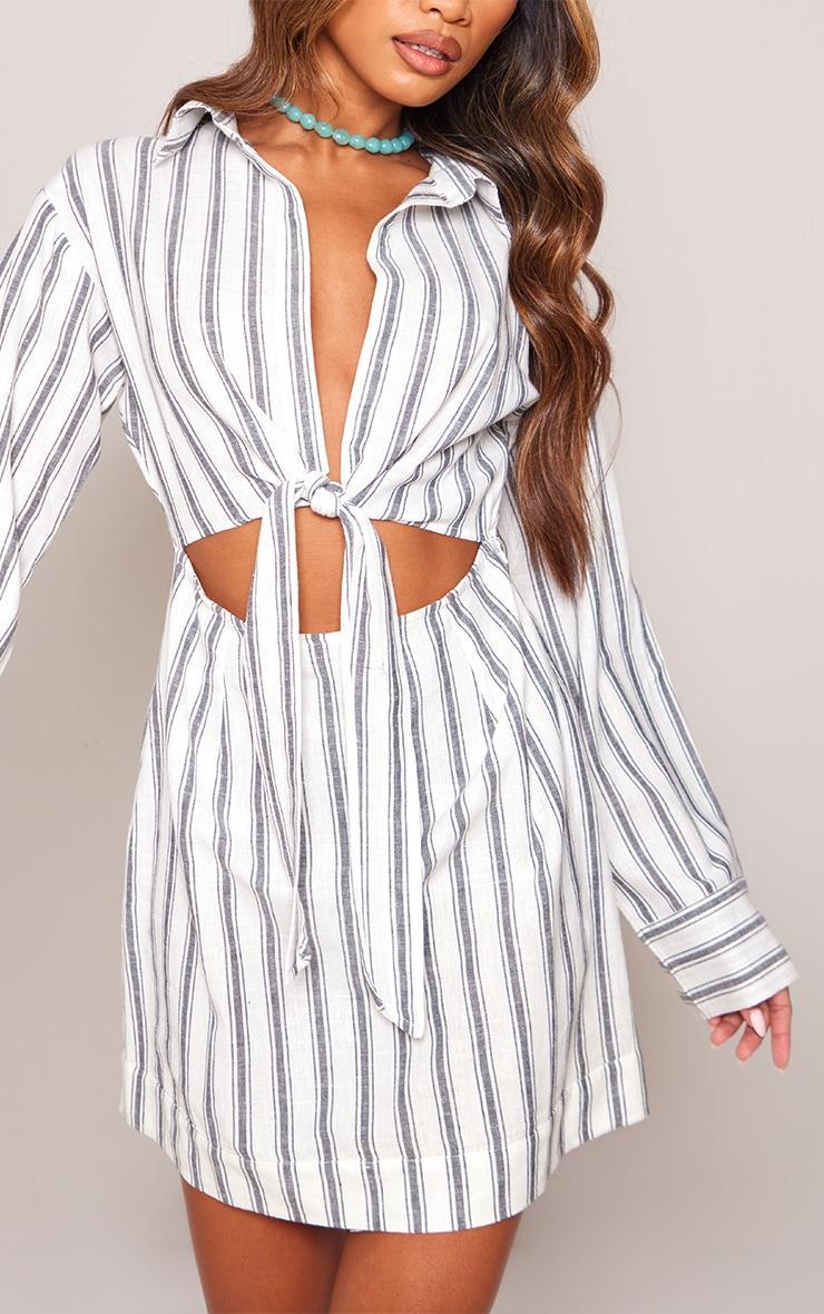  Grey Stripe Knot Front Long Sleeve Shirt Dress Product Image