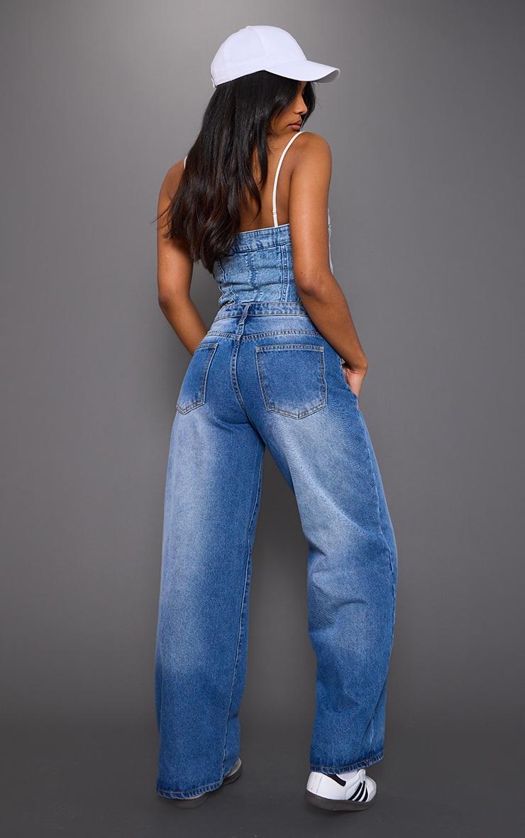 Mid Blue Wash Bandeau Seam Detail Denim Corset Top Product Image