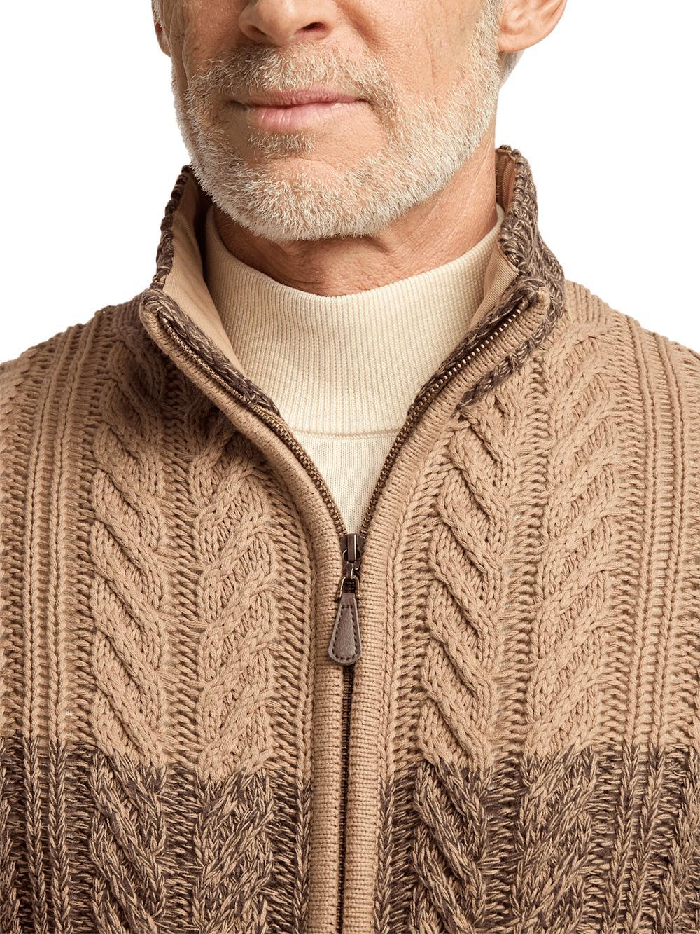 Cotton Cable Full Zip Mock Neck Sweater - Brown Product Image