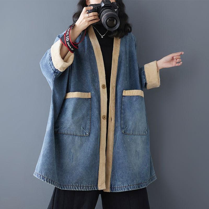 V-Neck Washed Denim Fleece-Lined Single-Breasted Coat Product Image