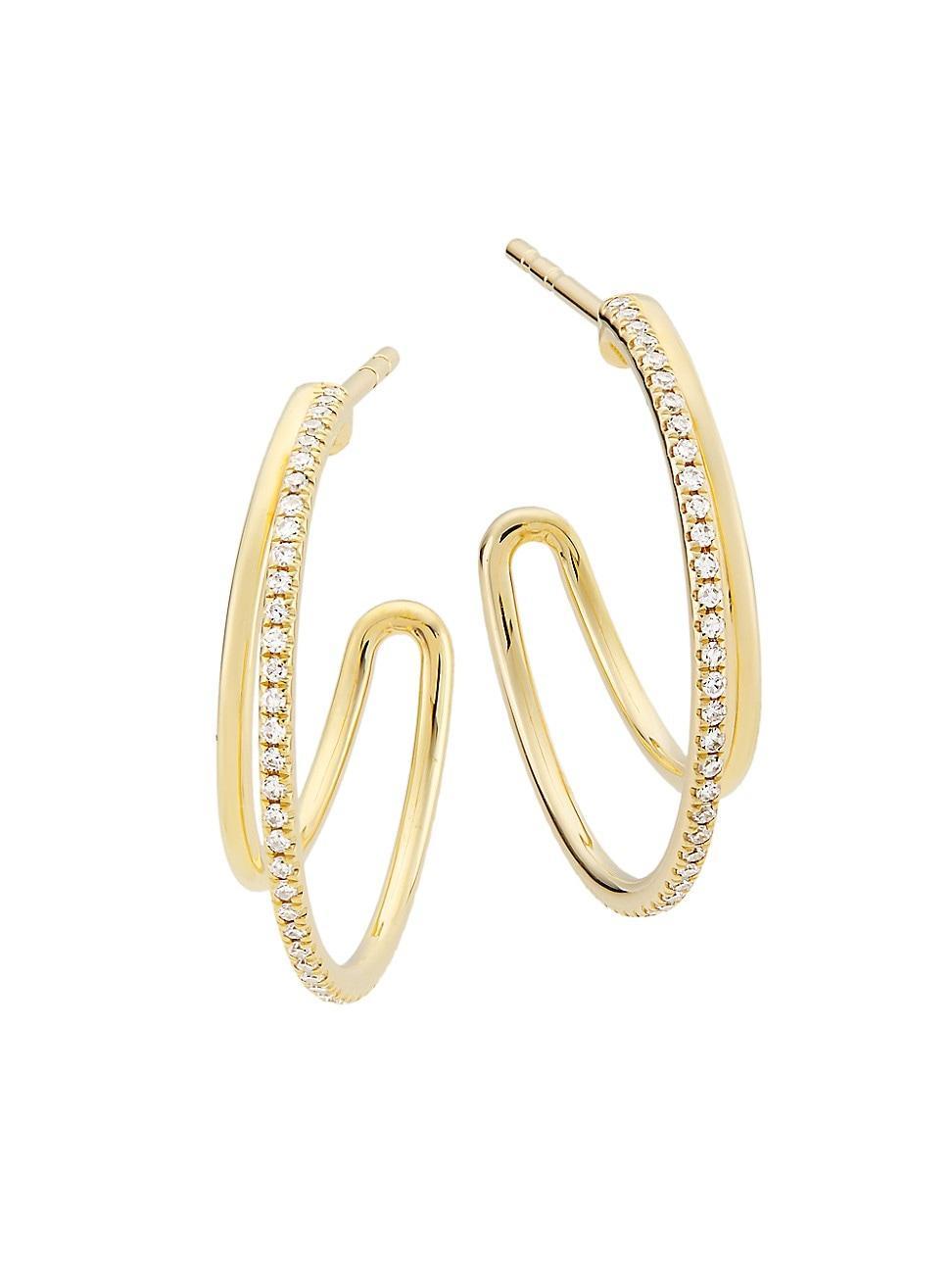 Womens 14K Gold & Diamond Double-Hoop Earrings Product Image