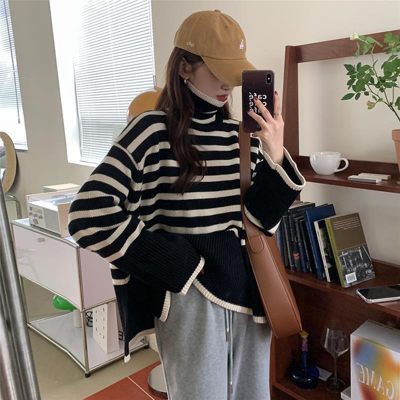 Turtleneck Striped Slit Sweater Product Image