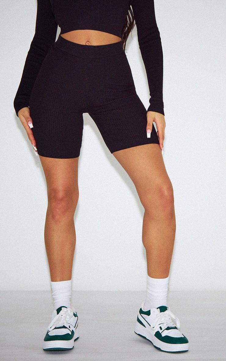 Black Basic Rib Knit Biker Shorts Product Image