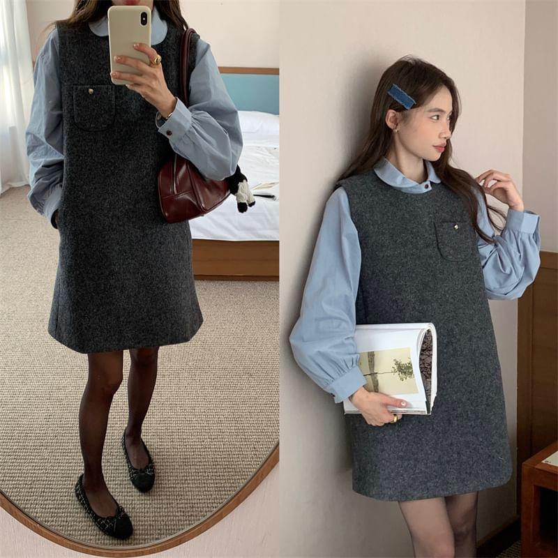 Long-Sleeve Plain Blouse / Sleeveless Tweed Mini Dress Product Image