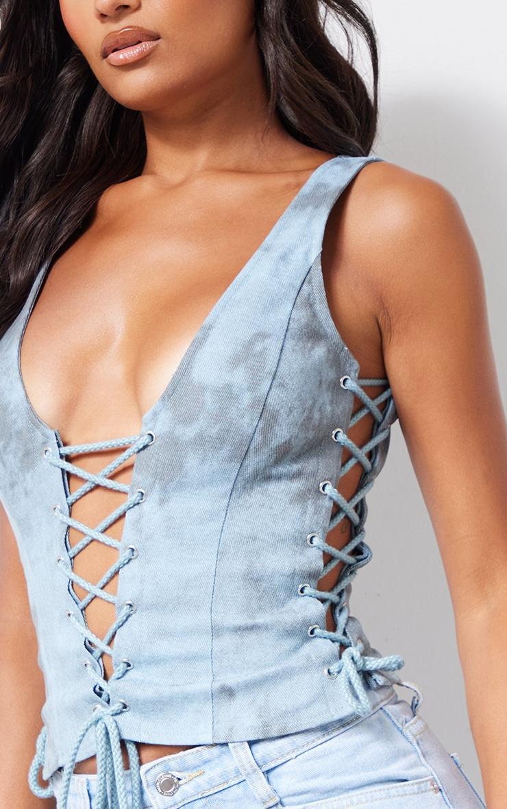 Blue Steel Washed Twill Lace Up Detail Plunge Sleeveless Top Product Image