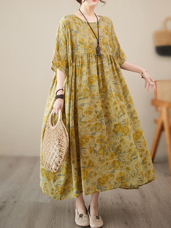 Loose Raglan Sleeve Floral Printed Pleated Split-Joint Round-Neck Midi Dresses Product Image