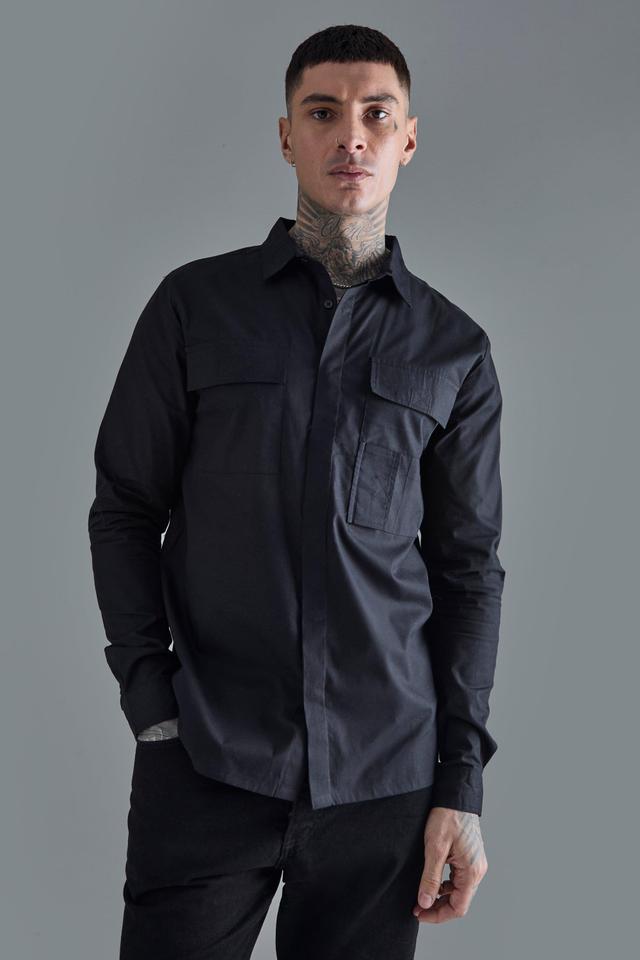 Tall Longsleeve Poplin Utility Layered Shirt | boohooMAN USA Product Image