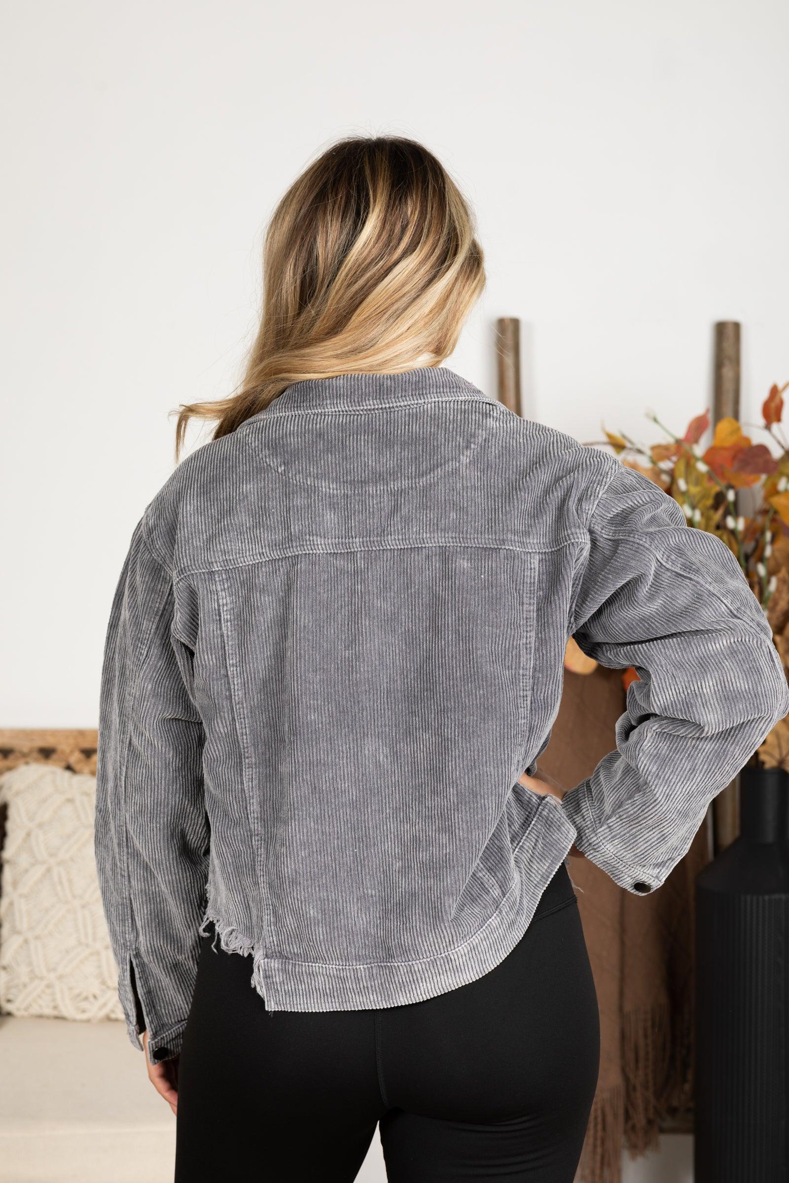 Grey Distressed Hem Corduroy Jacket Product Image