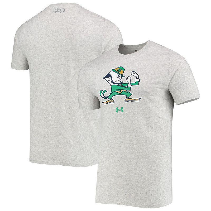 Mens Under Armour Heathered Gray Notre Dame Fighting Irish Mascot Logo Performance Cotton T-Shirt Product Image