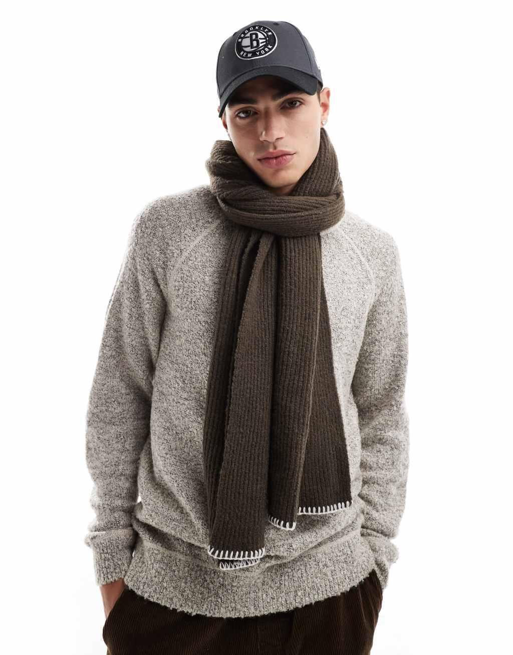 ASOS DESIGN knit scarf with stitch detail in brown Product Image