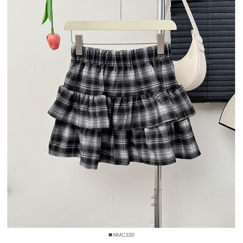 Tiered Plaid High-Rise A-Line Skirt Product Image