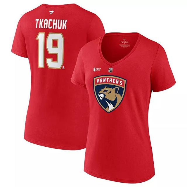 Womens Fanatics Matthew Tkachuk Red Florida Panthers 2024 Stanley Cup Final Authentic Stack Name & Number V-Neck T-Shirt Product Image