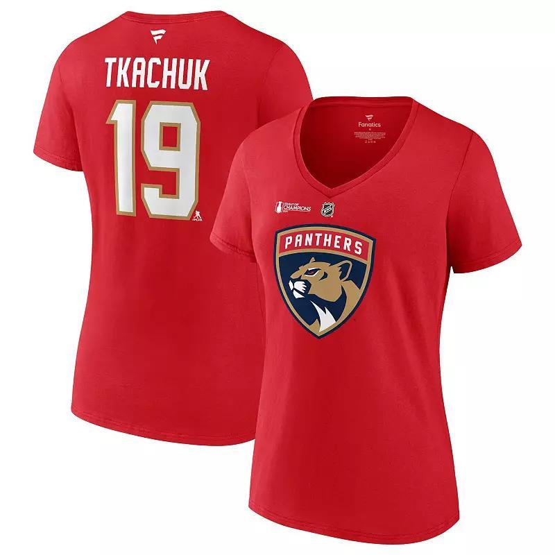 Womens Fanatics Matthew Tkachuk Red Florida Panthers 2024 Stanley Cup Champions Authentic Stack Name & Number V-Neck T-Shirt Product Image