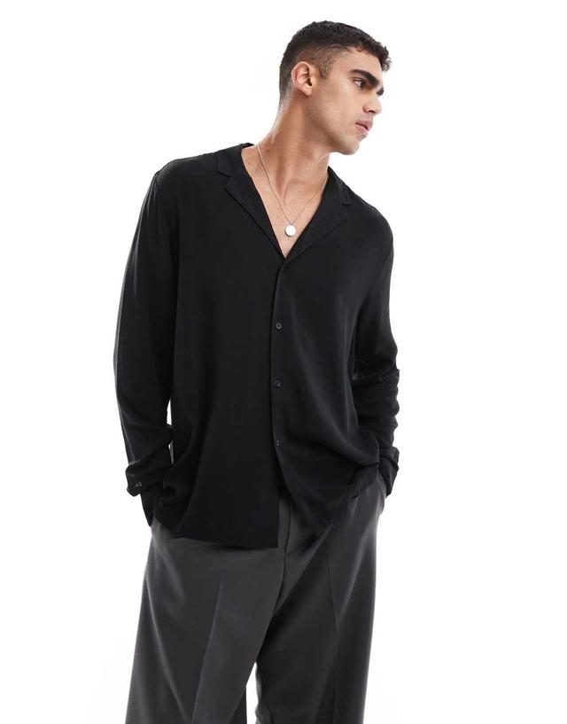 ASOS DESIGN relaxed fit viscose shirt with deep camp collar in black Product Image