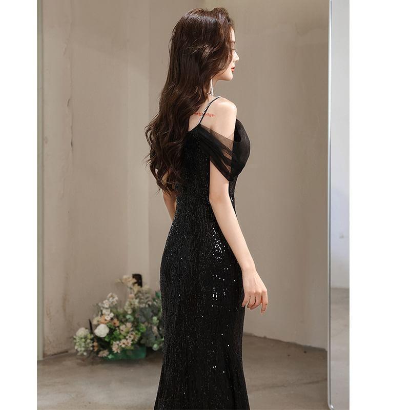 Short-Sleeve Cold Shoulder Plain Sequin Ruffle Slit Mesh A-Line Evening Gown Product Image