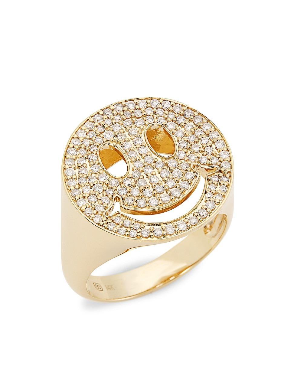 Womens Large Happy Face 14K Gold & Diamond Signet Ring Product Image