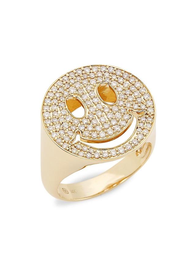 Womens Large Happy Face 14K Gold & Diamond Signet Ring Product Image