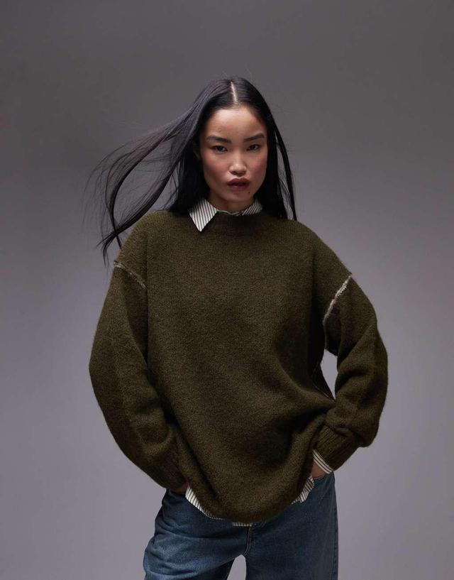 Topshop knitted exposed contrast seam oversized sweater in khaki Product Image