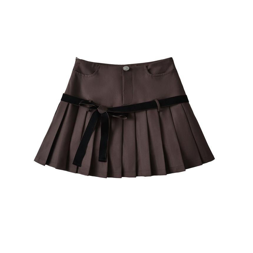 High Rise Bow Pleated Mini A-Line Skirt Product Image