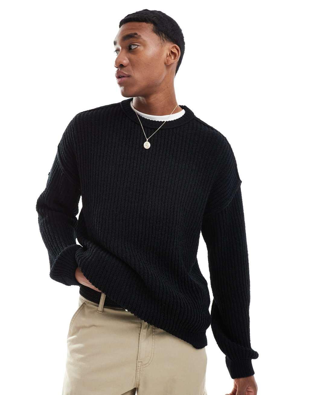 ASOS DESIGN relaxed knit crew neck rib sweater in black Product Image