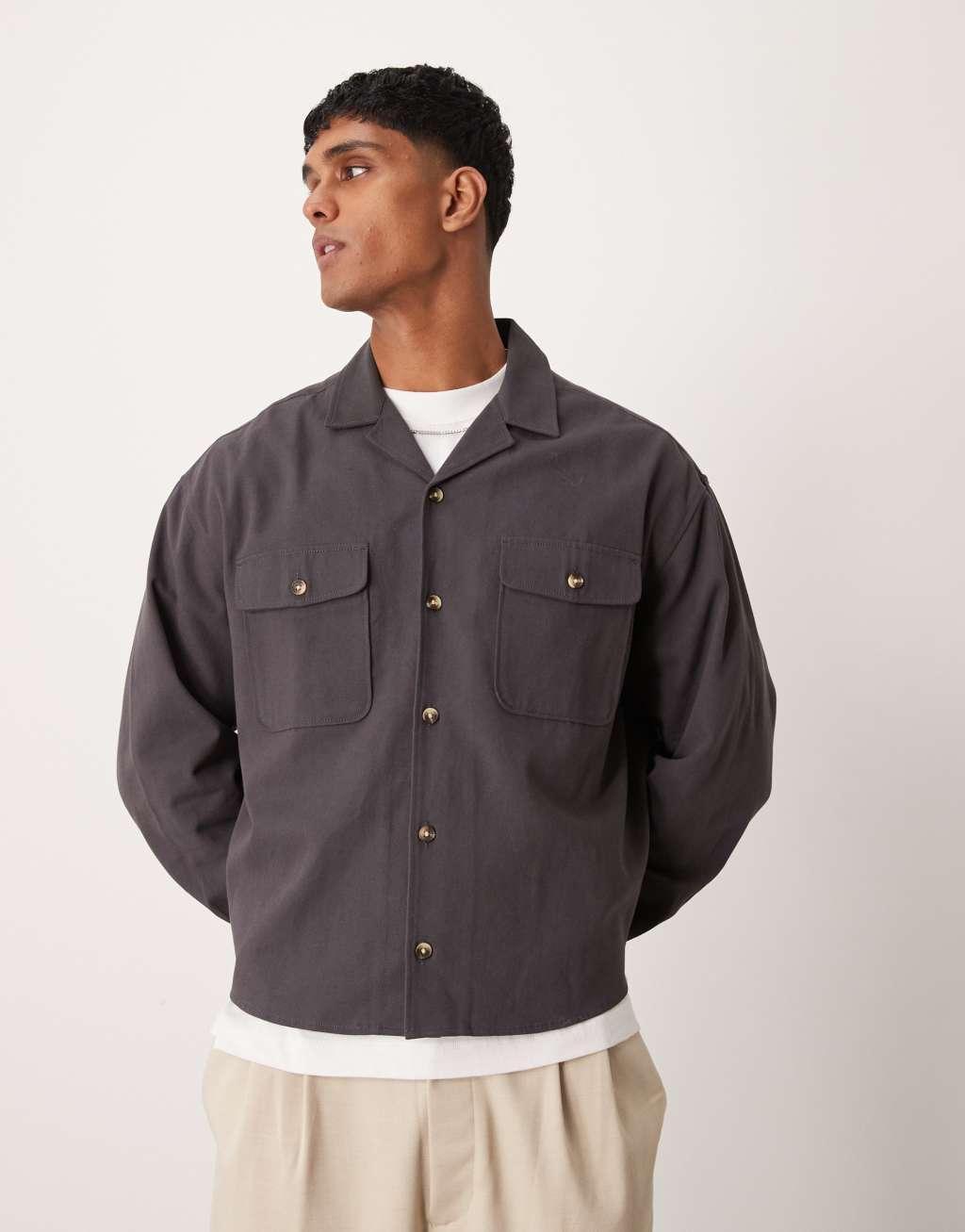 ASOS DESIGN boxy overshirt with revere collar in dark gray Product Image