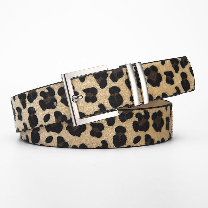 Leopard Print / Plain Faux Leather Belt Product Image