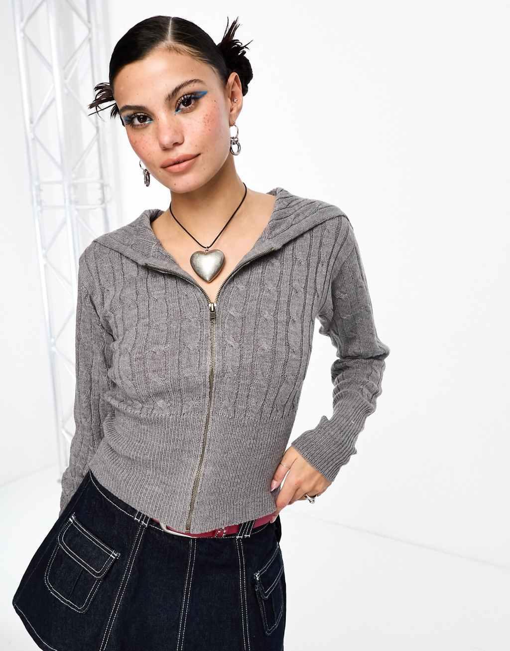 COLLUSION cable knit oversized collar zip through sweater in gray heather Product Image