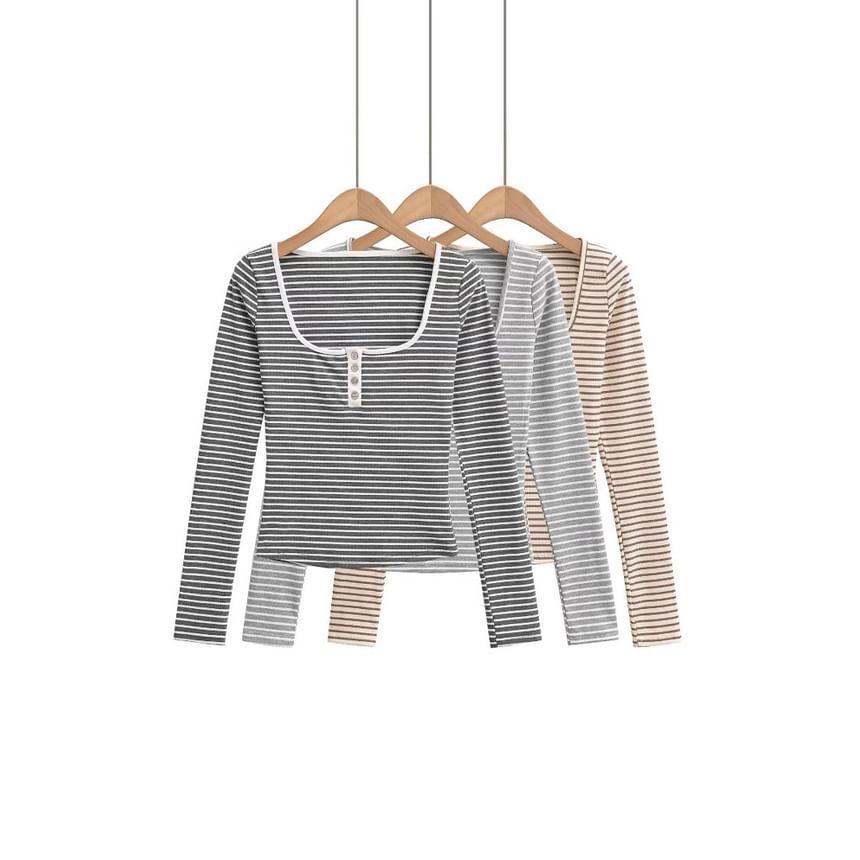 Long-Sleeve Square-Neck Striped Henley T-Shirt Product Image