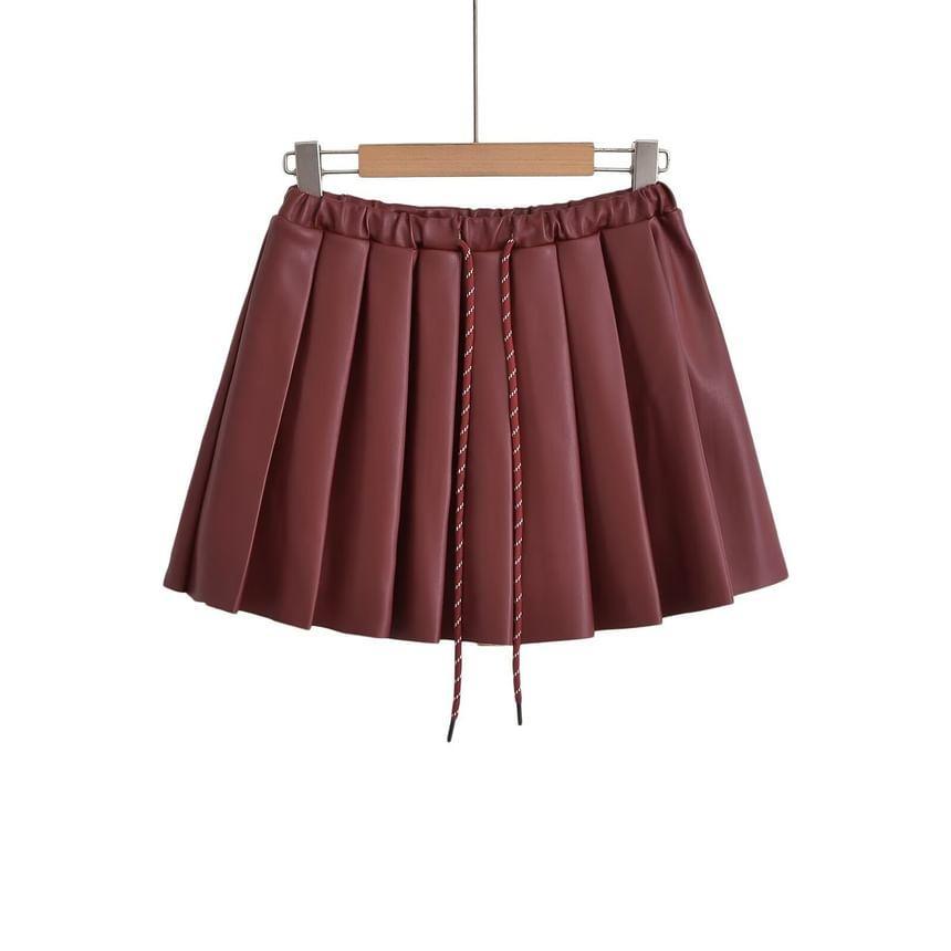 Drawstring Waist Plain Pleated Mini A-Line Skirt Product Image