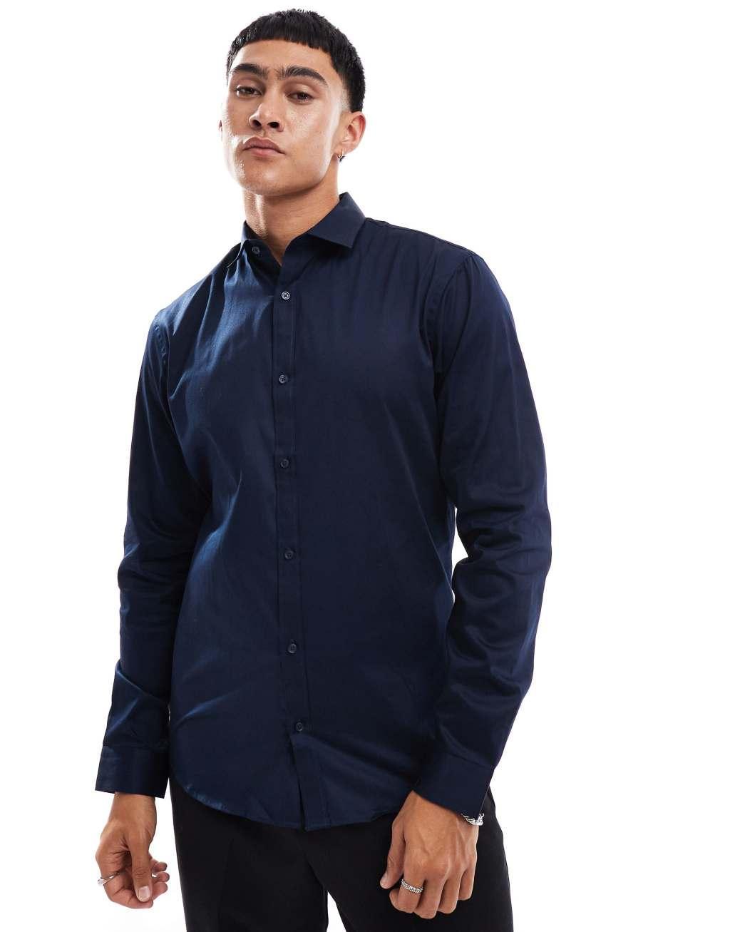 Jack & Jones Premium slim fit stretch smart shirt in navy Product Image