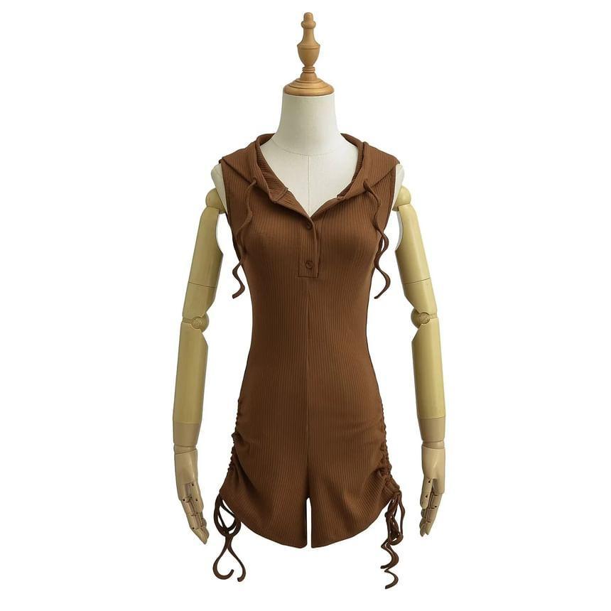 Sleeveless Henley Plain Hooded Drawstring Romper Product Image