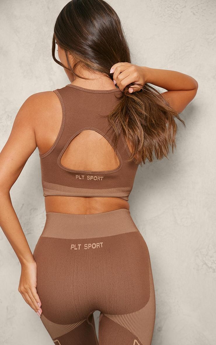 PLT SPORT Brown Jacquard Seamless Open Back Racer Neck Top Product Image