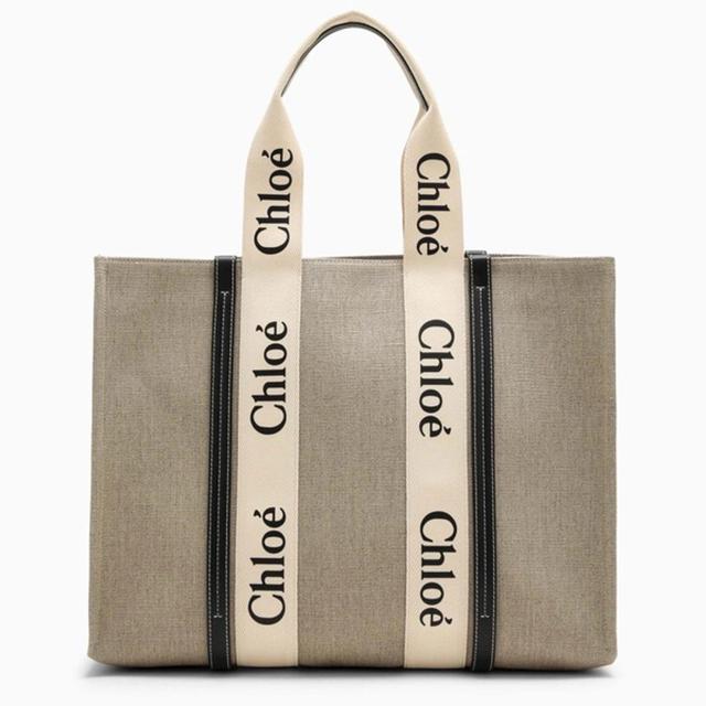 Beige & Navy Large Woody Tote In White Product Image