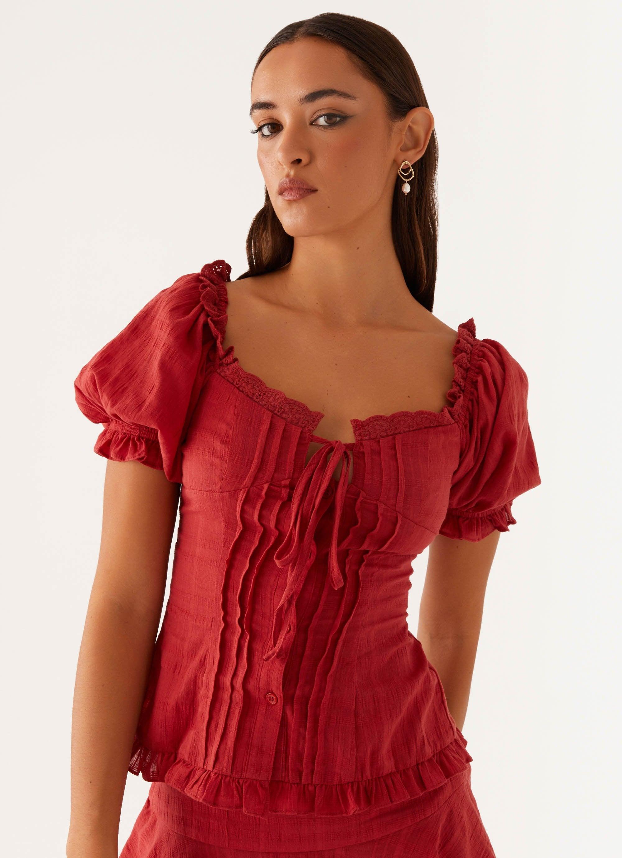 Hundred Percent Puff Sleeve Top - Red Product Image