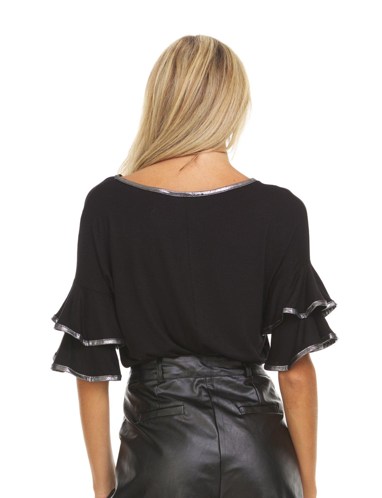 Womens Multi Ruffle Sleeve Top With Contrast Color Trim On Ruffles & Neckline Female Product Image