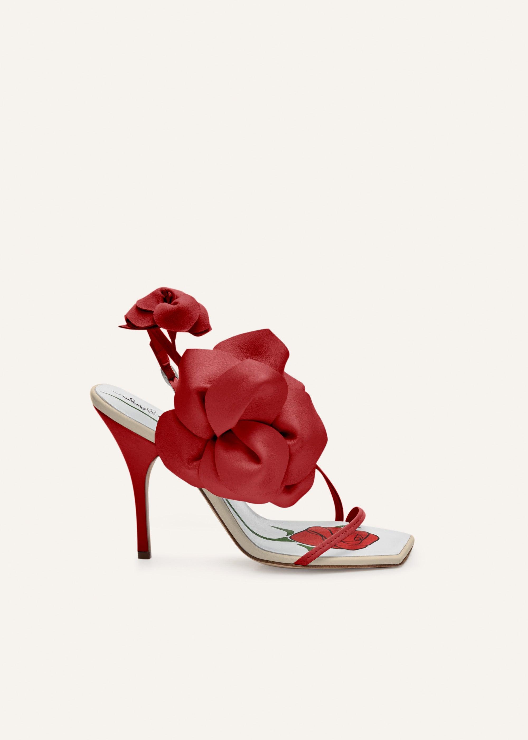 Rose appliqué leather sandals in cream and red Product Image