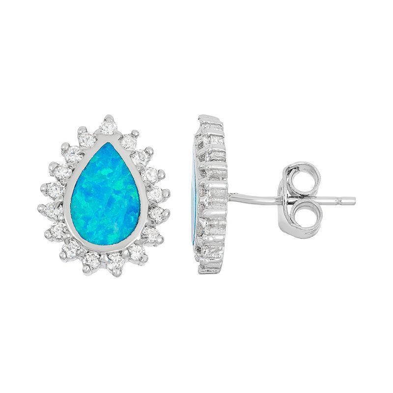 Lab-Created Blue Opal & Cubic Zirconia Sterling Silver Teardrop Halo Stud Earrings, Womens Product Image