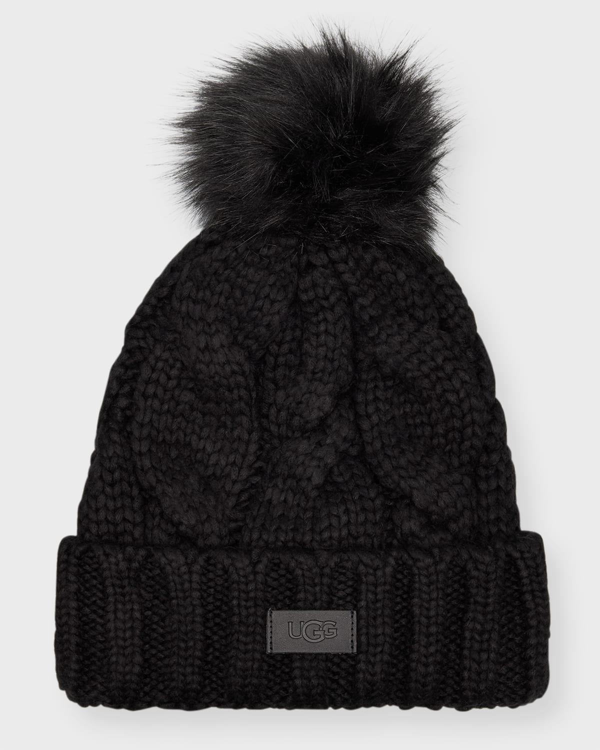 Cable Knit Beanie With Faux Fur Pom Product Image