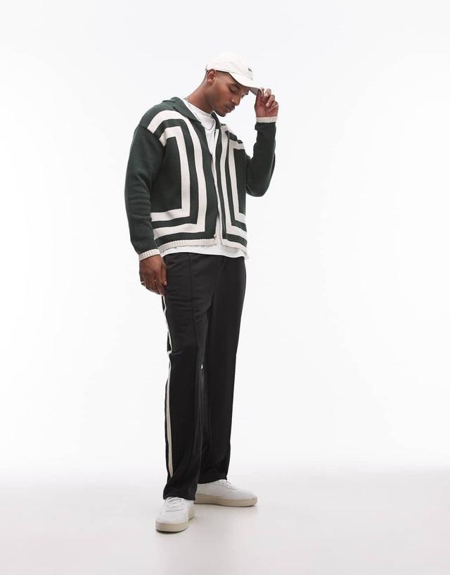 Topman knitted crochet vertical stripe button through long sleeve shirt in dark green Product Image