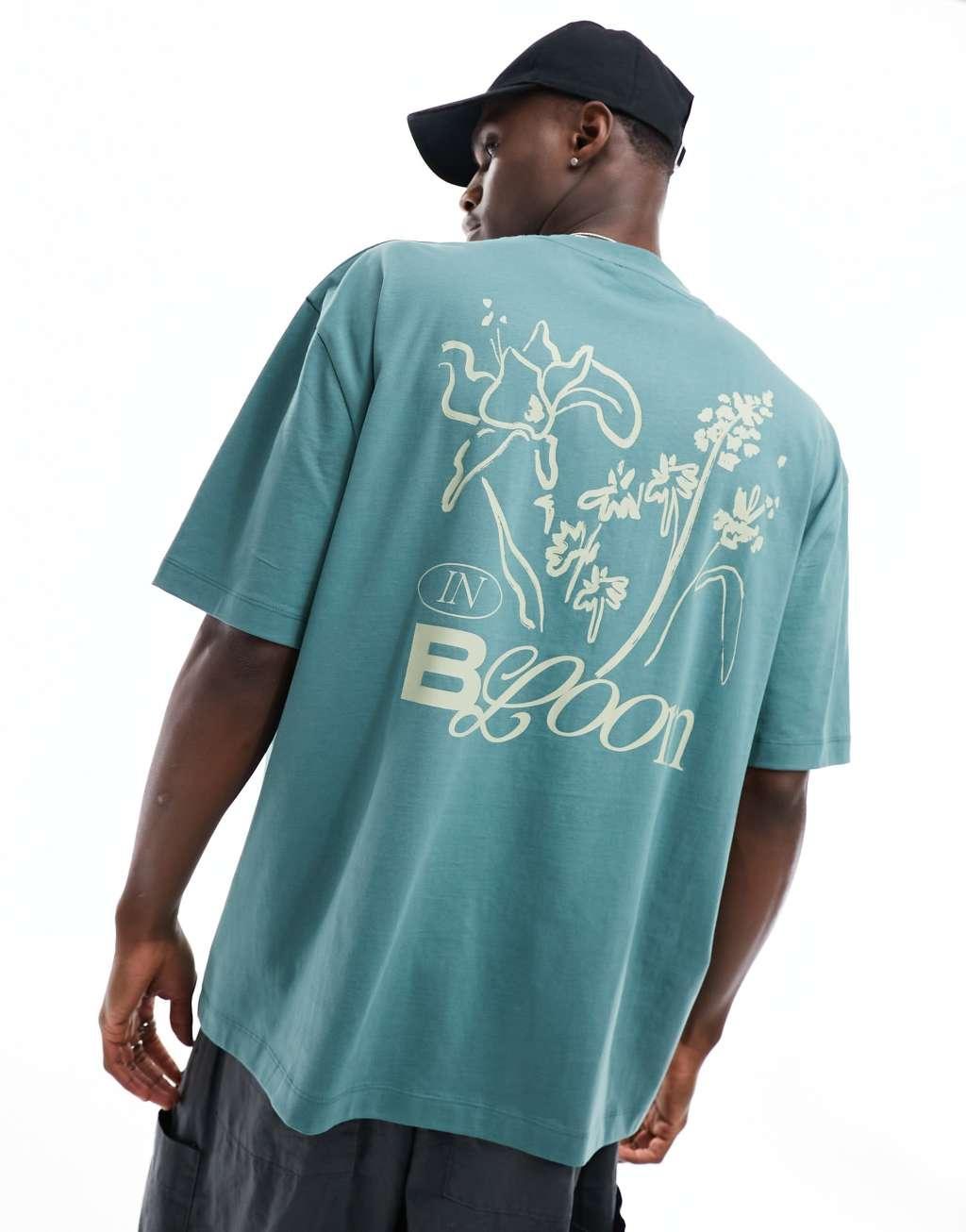 ASOS DESIGN oversized t-shirt in green with floral back print Product Image