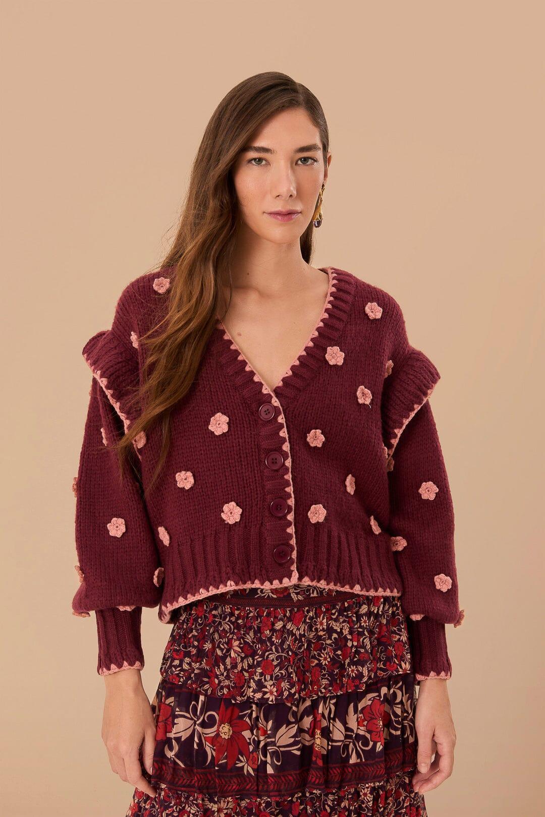 Burgundy Crochet Flowers Knit Cardigan, BURGUNDY / L product image