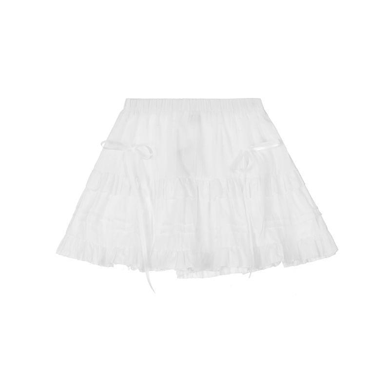 Balletcore High Waist Plain Bow Accent Ruffled Mini A-Line Skirt Product Image