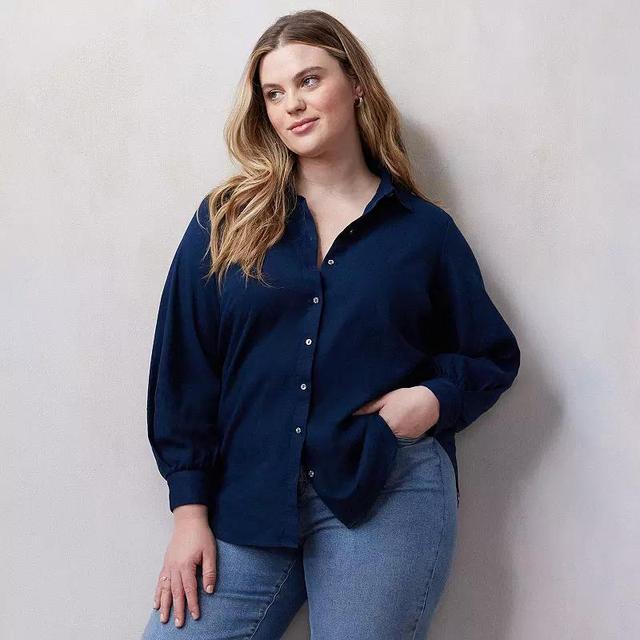 Plus Size LC Lauren Conrad Oversized Volume Sleeve Linen Blend Button Down Shirt, Womens Product Image